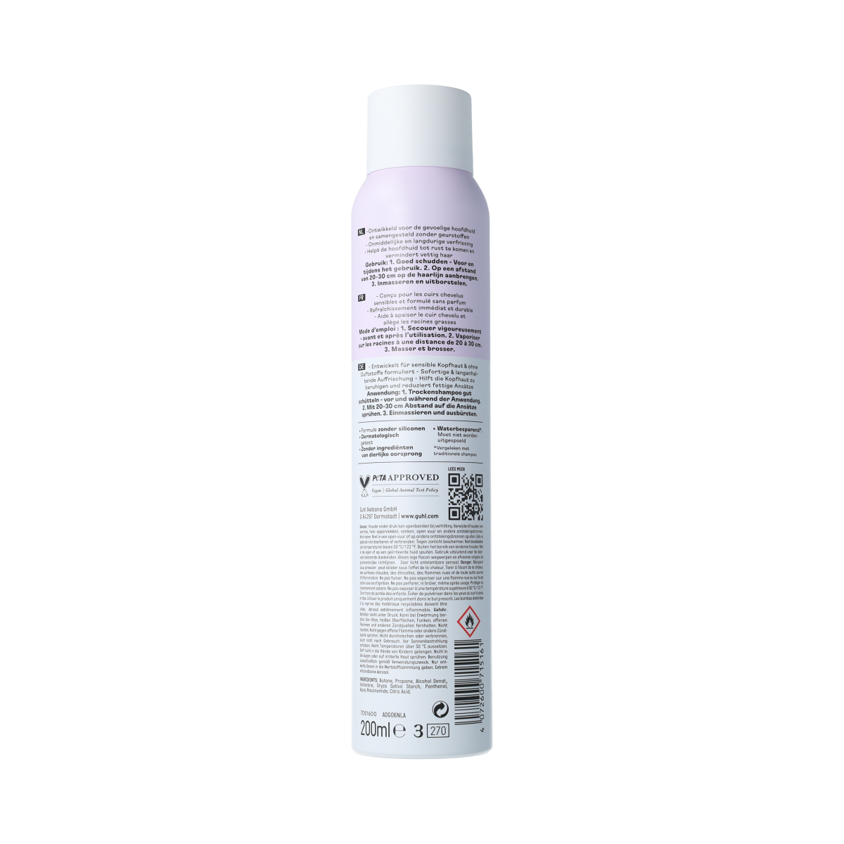 Guhl Guhl Gevoelige Hoofdhuid droogshampoo in 200ml bottle, gentle hair care for sensitive scalps, with natural ingredients.