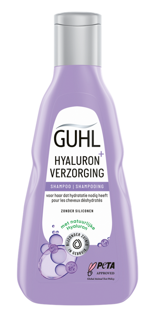Guhl Hyaluron+ verzorging shampoo bottle, 250ml, featuring a sleek label and clear cap, for nourishing hair care.