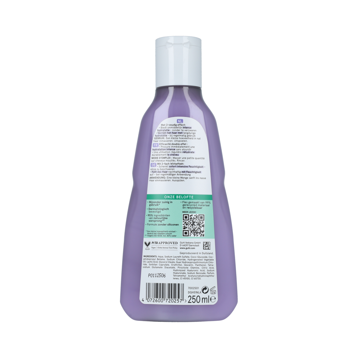 Guhl Hyaluron+ verzorging shampoo bottle, 250ml, for nourishing hair care with hyaluronic acid, in a sleek packaging