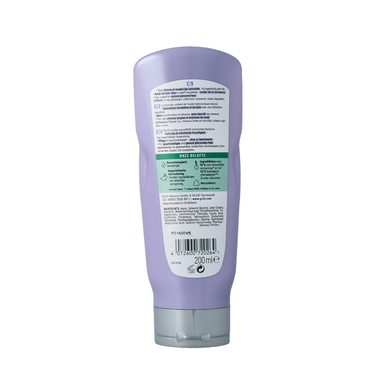 Guhl Hyaluron+ Haarverzorging conditioner in 200ml bottle, showing the product label and packaging for nourishing hair care.