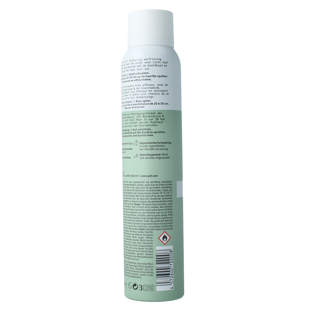 Guhl Droogshampoo 30sec pure frisheid, 200ml, hair care product with spray bottle for quick refresh and volume.