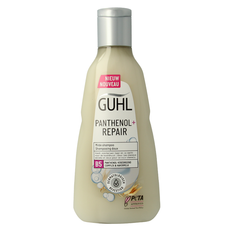 Guhl Panthenol + Repair shampoo bottle, 250ml, for hair care and repair, with a white and green label and cap.