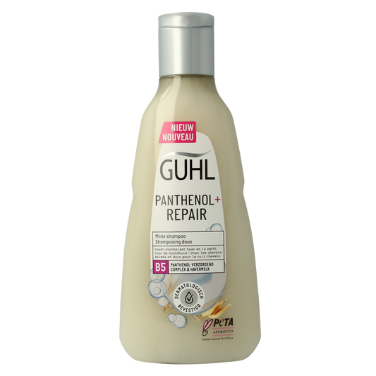 Guhl Panthenol + Repair shampoo bottle, 250ml, for hair care and repair, with a white and green label and cap.
