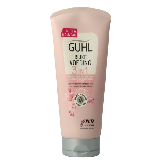 Guhl Rijke Voeding 3-in-1 haarmasker, conditioner and serum in 200ml bottle, nourishing hair care product.