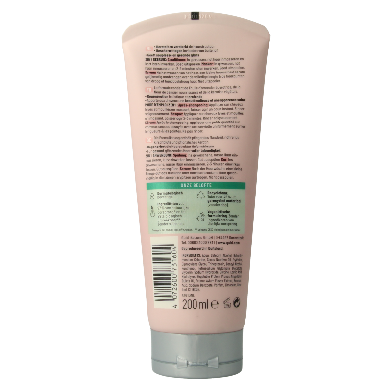 Guhl Rijke Voeding 3-in-1 Haarverzorgingsmasker en conditioner serum, 200ml, in een open fles met glanzende haarverzorgingsproducten