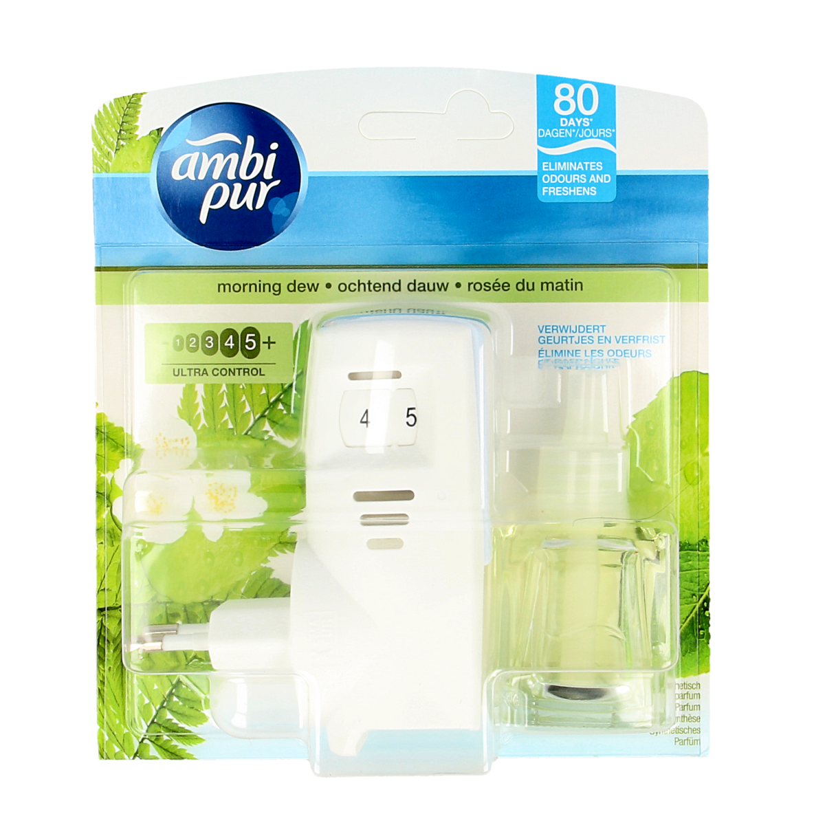Ambi Pur huisparfum starterkit ochtenddauw with fragrance diffuser and refill bottles in a modern packaging.