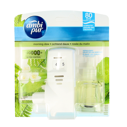 Ambi Pur huisparfum starterkit ochtenddauw with fragrance diffuser and refill bottles in a modern packaging.