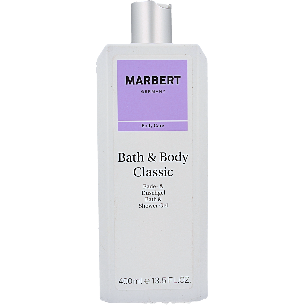 Marbert bath and shower gel in 400ml bottle, creamy liquid soap for cleansing and refreshing skin.