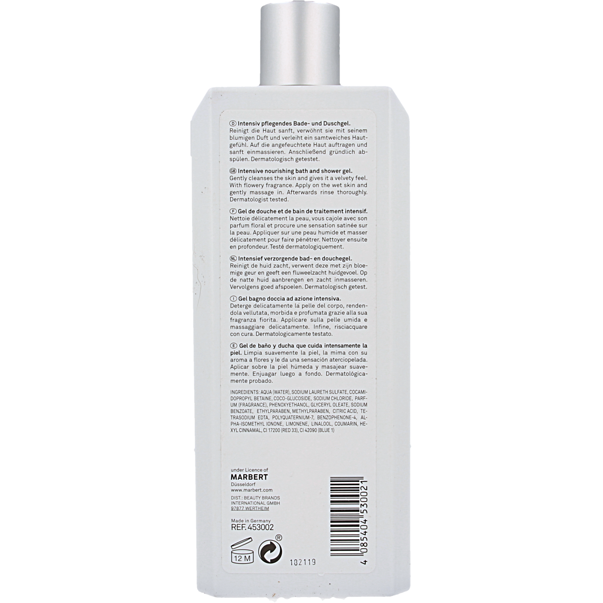 Marbert bath and shower gel 400ml bottle with elegant packaging and label, ideal for cleansing and refreshing skin.