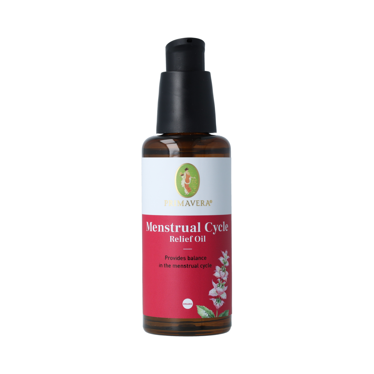 Primavera Menstrual Cycle Relief Oil 50ml with herbal essential oils, natural remedy for menstrual discomfort in a clear glass bottle