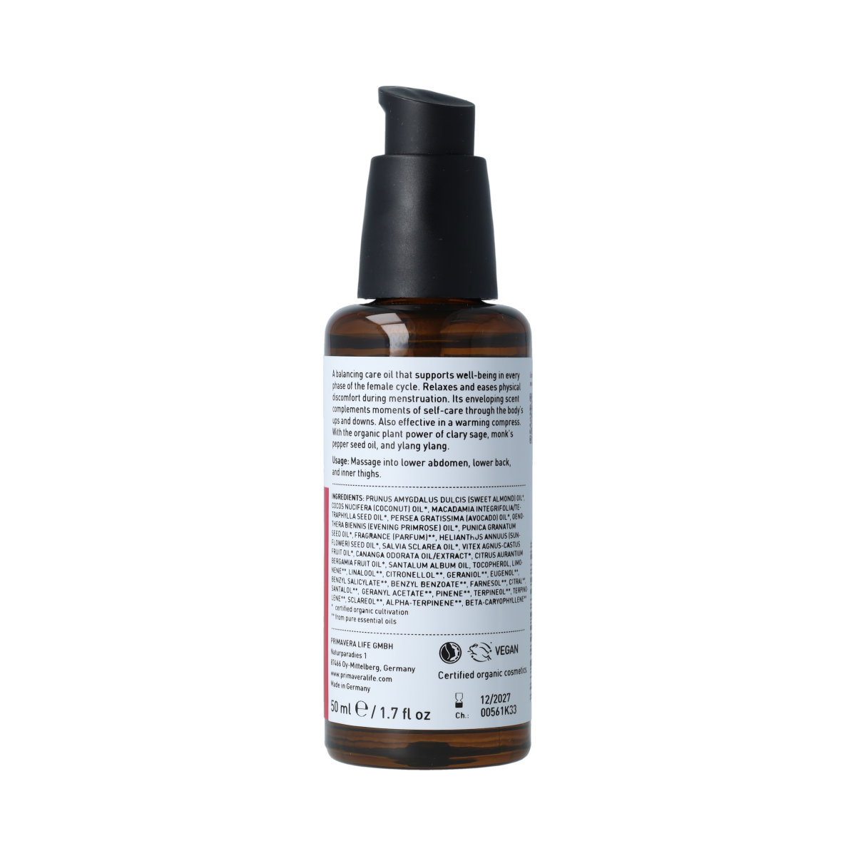 Primavera Menstrual Cycle Relief Oil 50ml, natural essential oils blend in a glass bottle with dropper for menstrual discomfort relief.