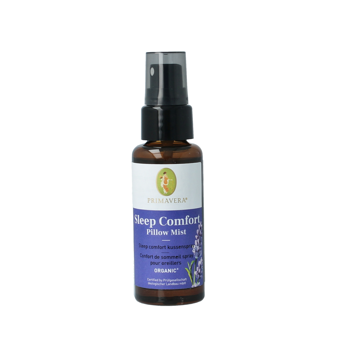 Primavera Sleep Comfort Kussenspray Bio in 30ml, a natural scent diffuser for restful sleep, shown in a clear spray bottle.