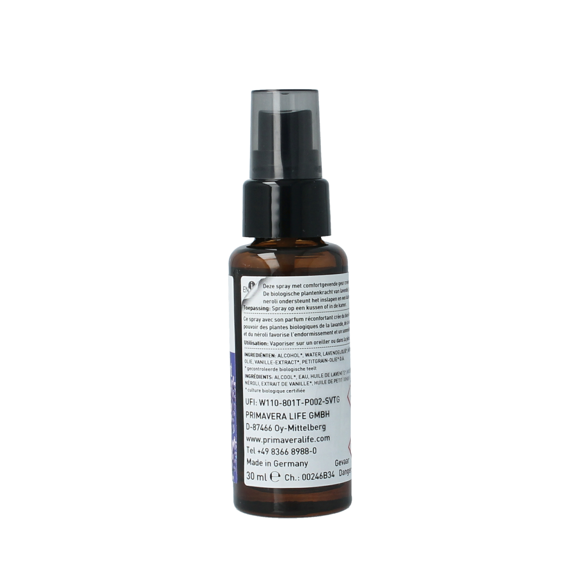 Primavera Sleep Comfort Kussenspray Bio 30ml, natural pillow spray for restful sleep, featuring soothing scents and botanicals.