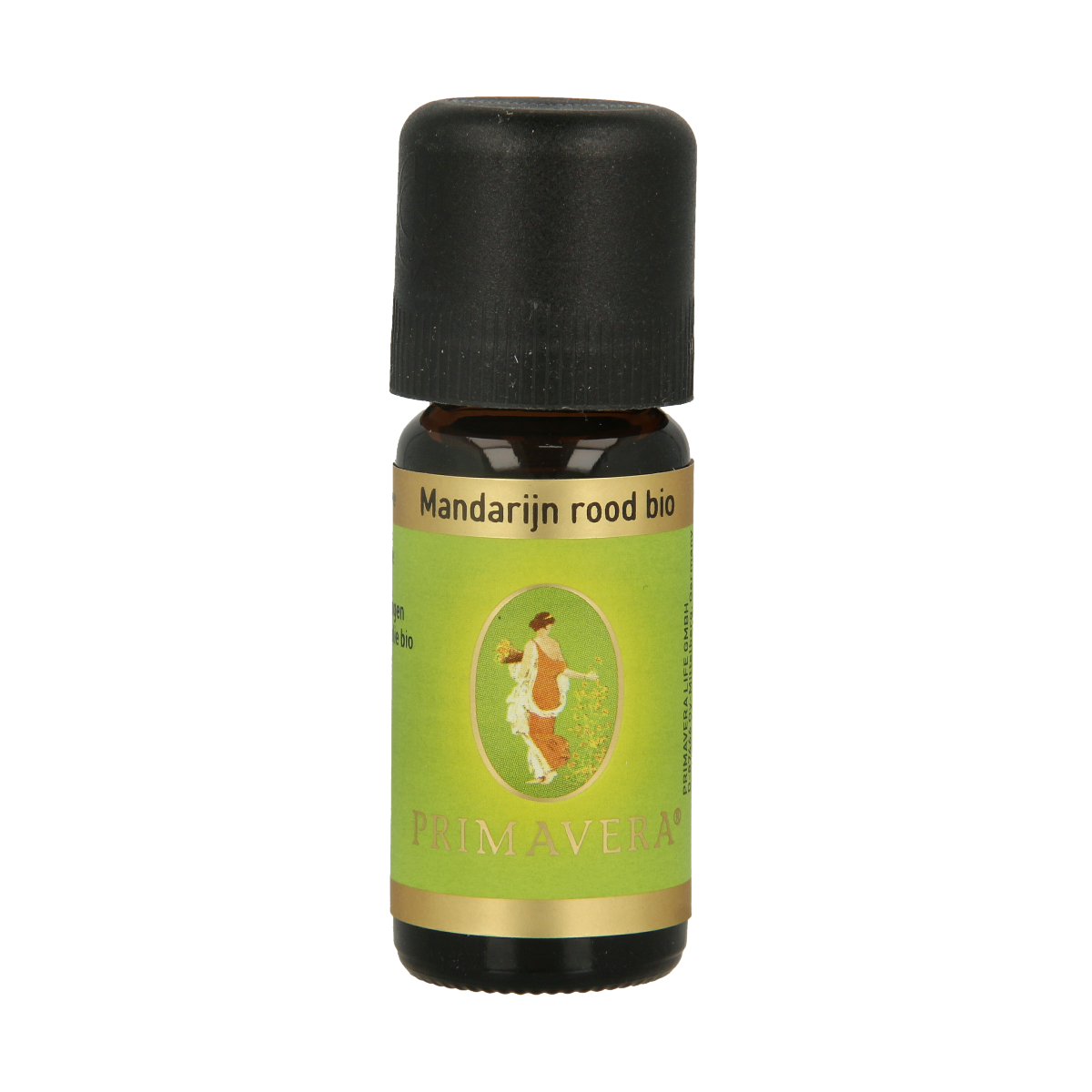 Primavera Mandarijn rood organic essential oil in a 10ml bottle, showcasing the bright orange liquid and label.