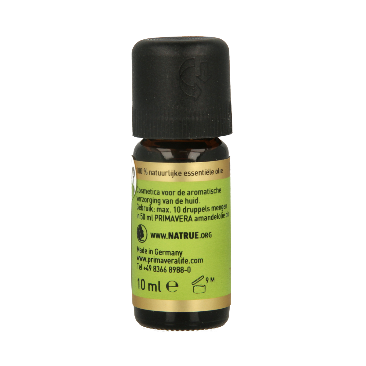 Primavera Mandarijn rood organic essential oil in a 10ml bottle, vibrant orange color, with citrus fruit images on the label.
