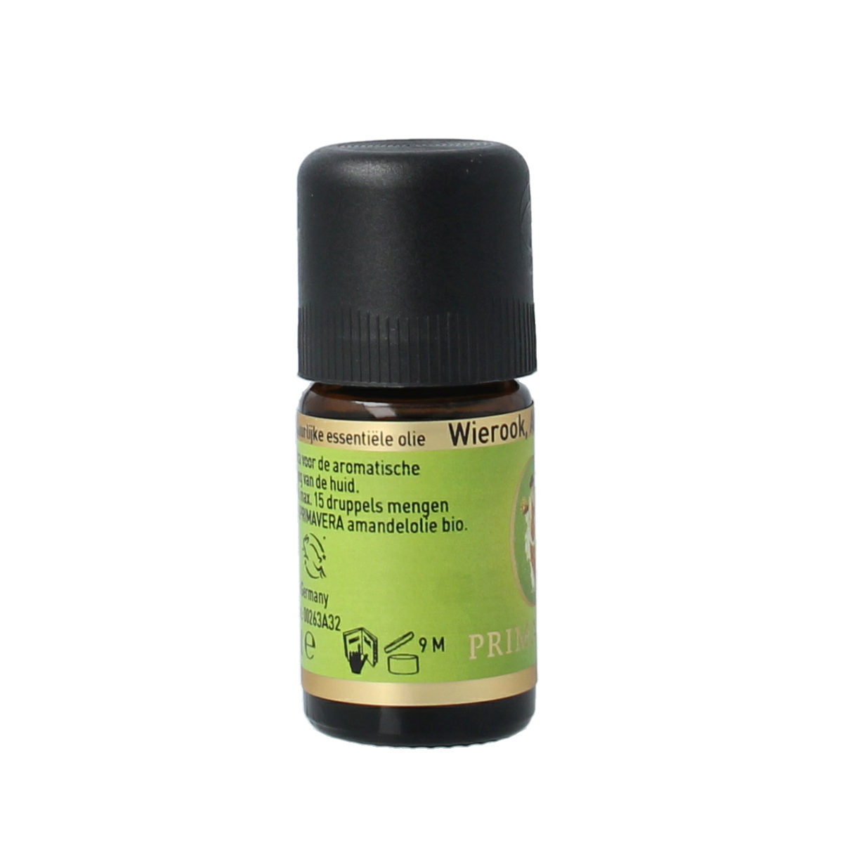 Primavera Afrikaans Wierook essential oil bottle, 5ml, with amber glass and label displaying product details.