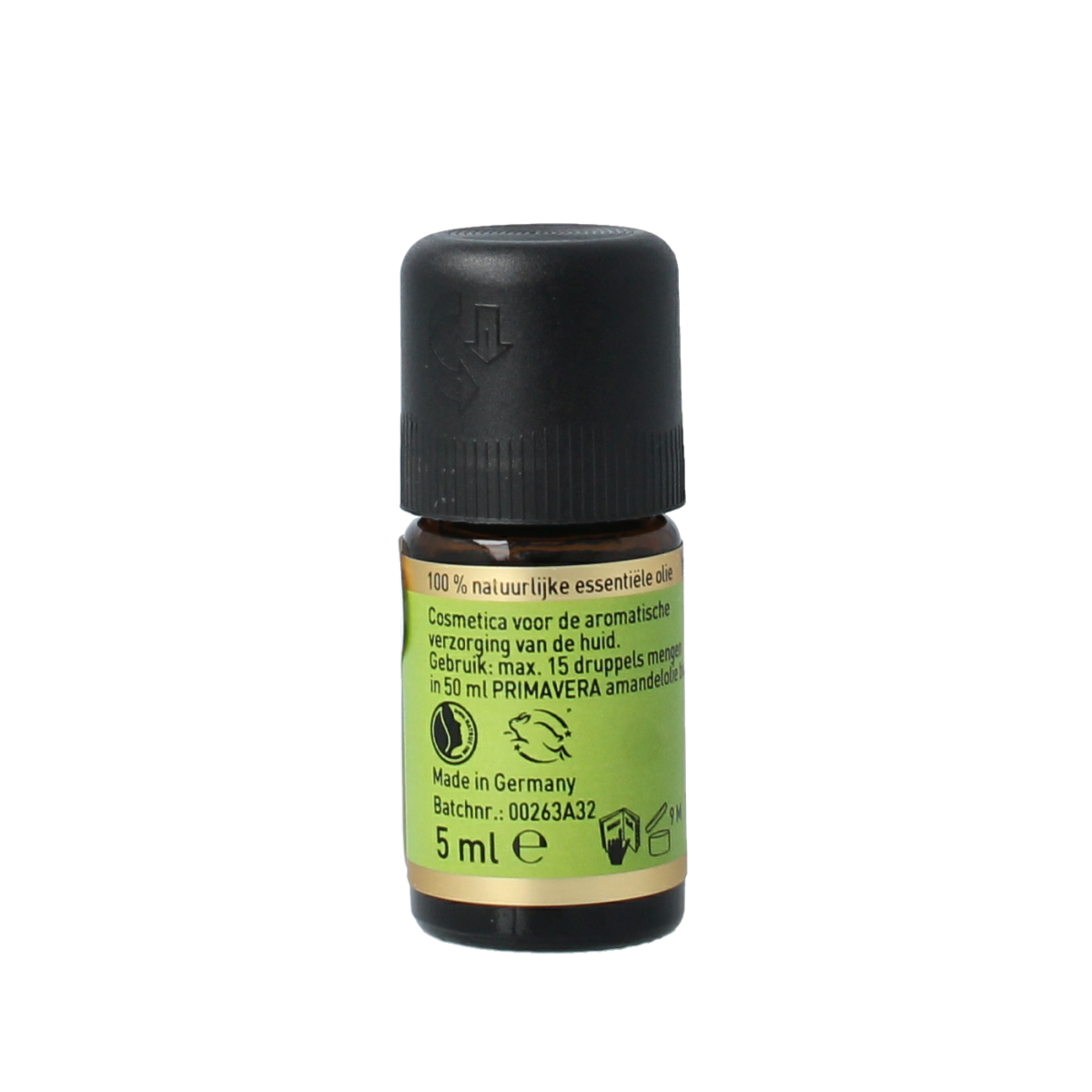 Primavera Afrikaans Wierook essential oil in 5ml amber bottle, featuring a label and dropper cap for aromatherapy use.