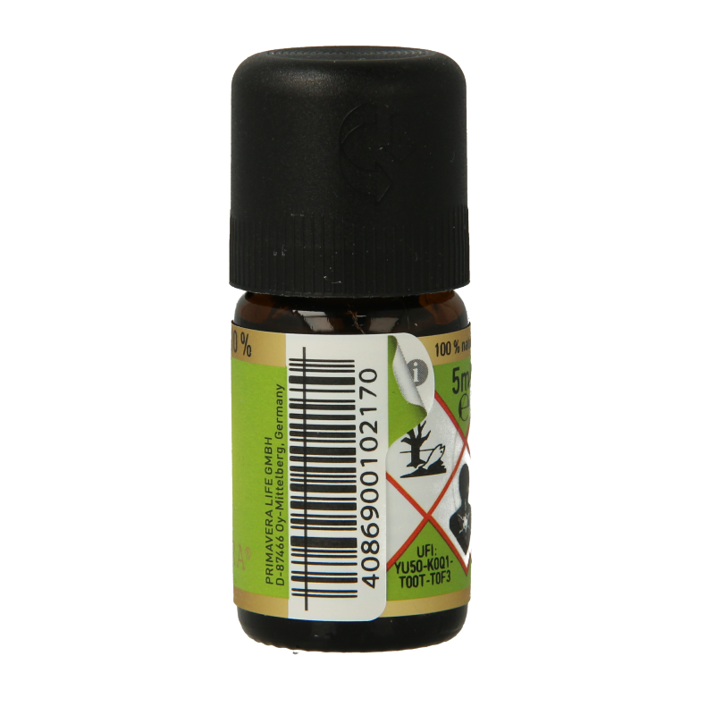 Primavera bio etherische olie van ijzerhard citroenverbena in 5ml bottle, showing the product label and packaging.