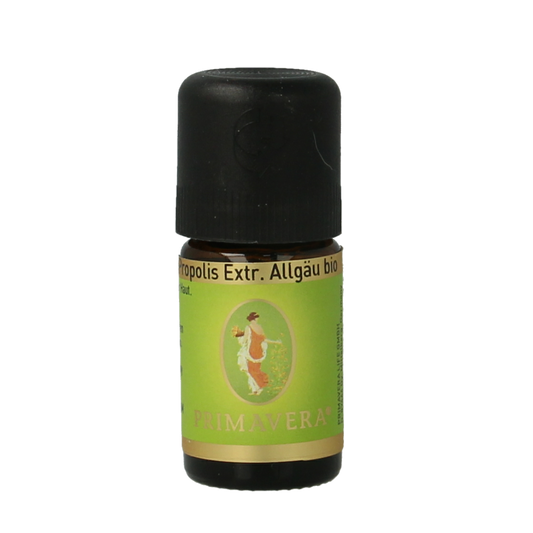 Primavera Propolis Bio essential oil in 5ml bottle, featuring amber glass and dropper for natural propolis extract.