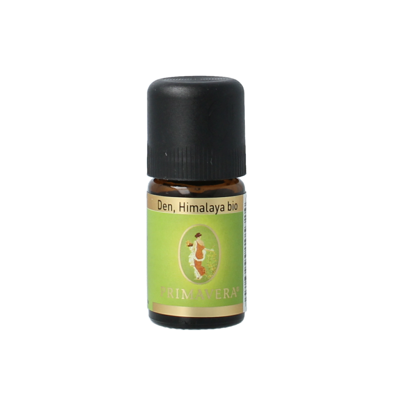 Primavera Himalaya Den Bio essential oil bottle, 5ml, featuring a clear amber glass container with a black cap.