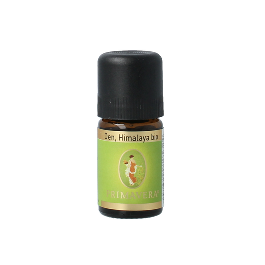 Primavera Himalaya Den Bio essential oil bottle, 5ml, featuring a clear amber glass container with a black cap.