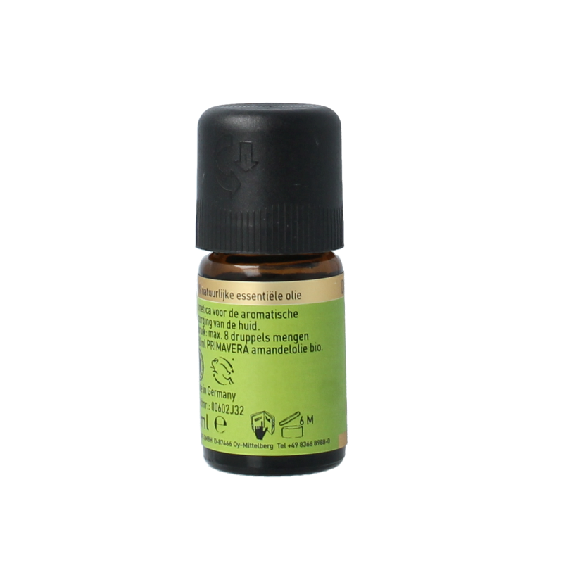 Primavera Himalaya Den Bio essential oil in 5ml bottle, showcasing amber glass and essential oil dropper for natural aromatherapy.