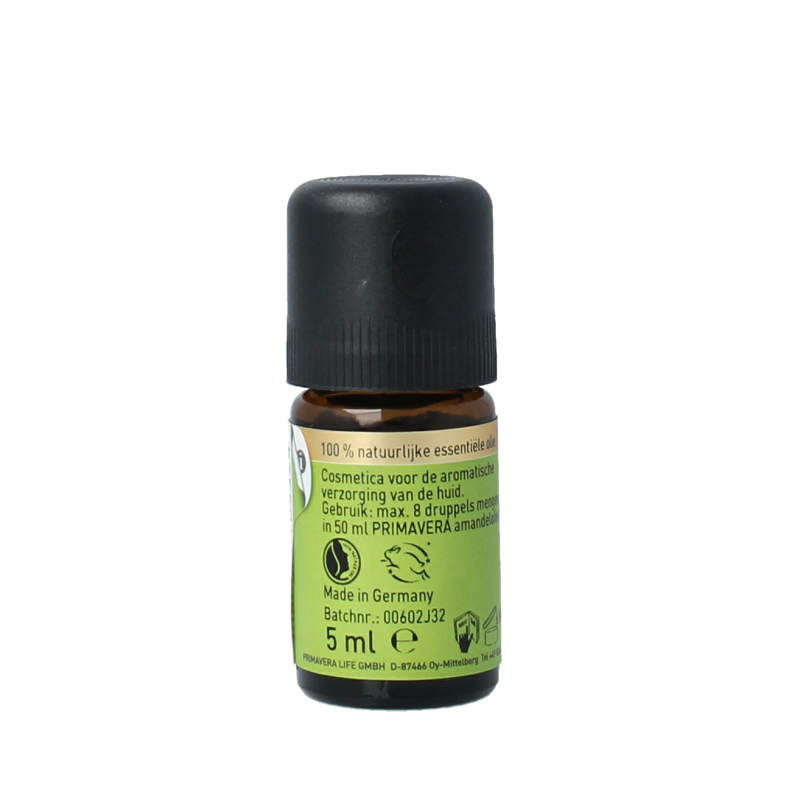 Primavera Himalaya Den Bio essential oil in a 5ml bottle, showcasing the amber glass and label with product details.