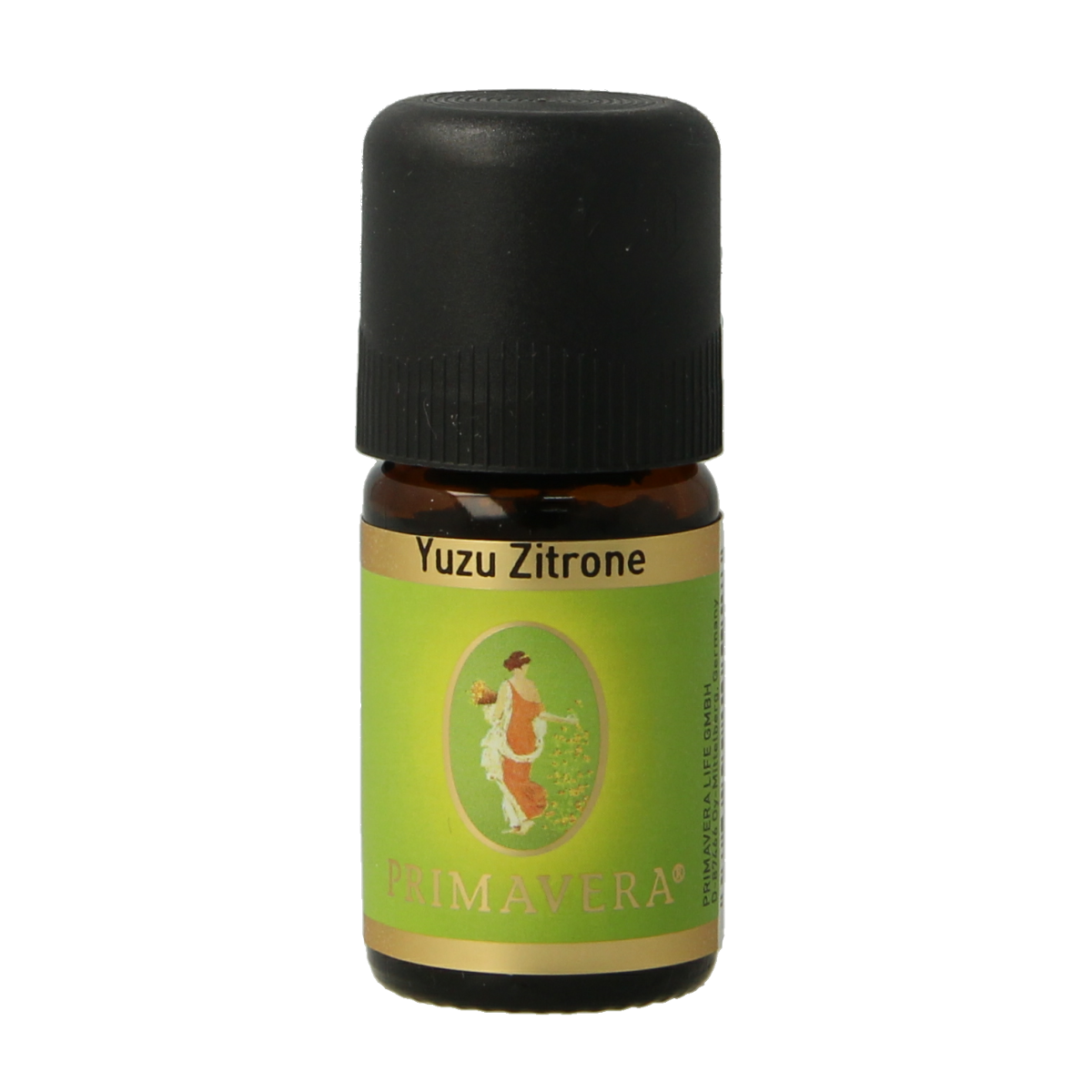 Primavera Yuzu Citroen essential oil bottle, 5ml, with clear label and orange-yellow liquid inside.