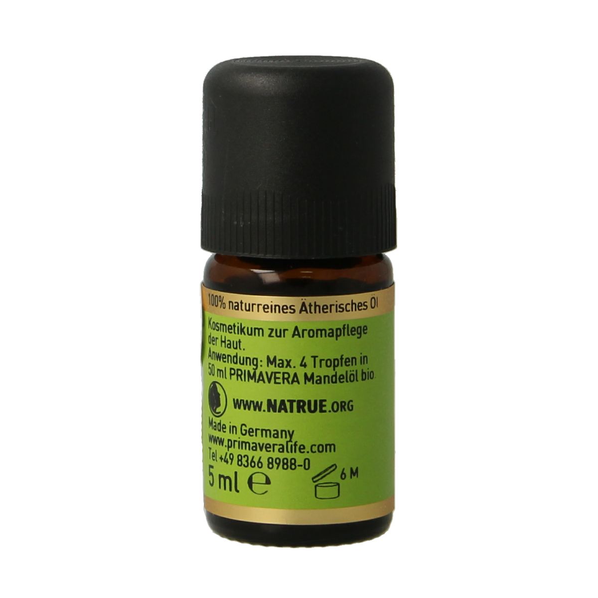 Primavera Yuzu Citroen essential oil bottle, 5ml, with citrus fruit and botanical imagery in the background.
