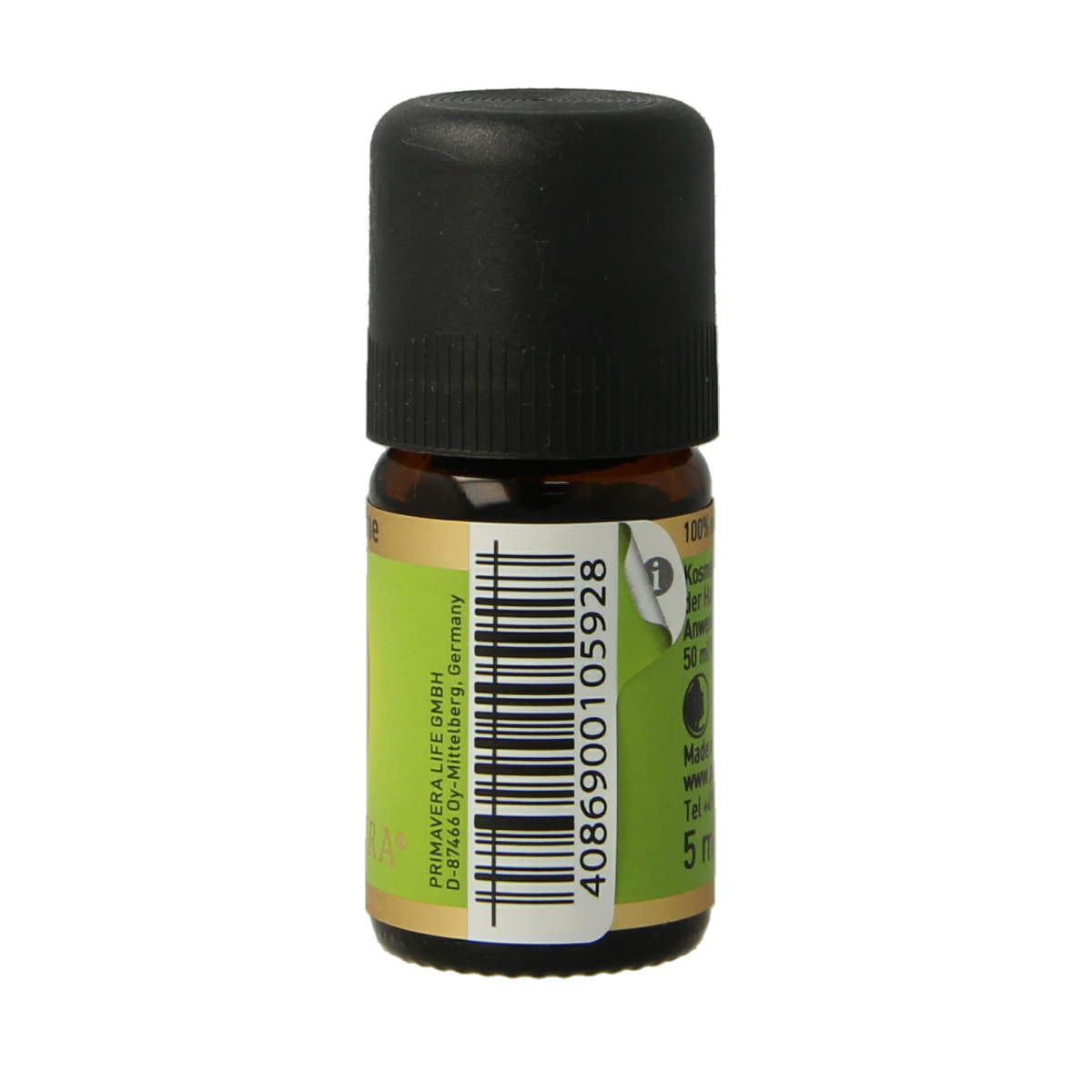 Primavera Yuzu Citroen essential oil bottle, 5ml, with citrus yellow label and clear glass container for aromatic use.