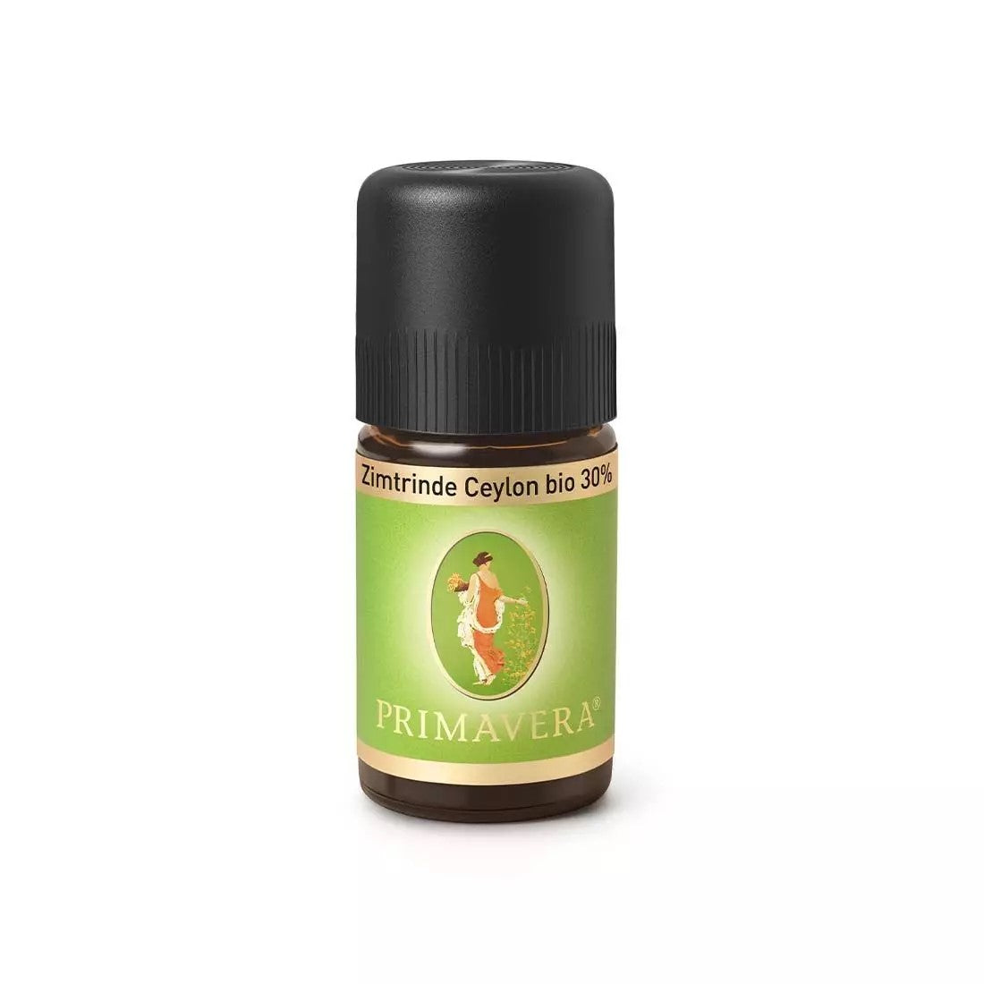 Primavera bio Ceylon cinnamon essential oil in a 5ml bottle, showing the amber liquid and product label.