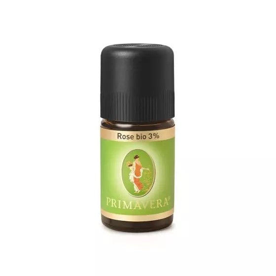 Primavera Roos 3% bio essential oil in 5ml bottle, showing the glass container with rose-colored liquid and label.