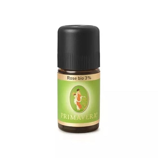Primavera Roos 3% bio essential oil in 5ml bottle, showing the glass container with rose-colored liquid and label.