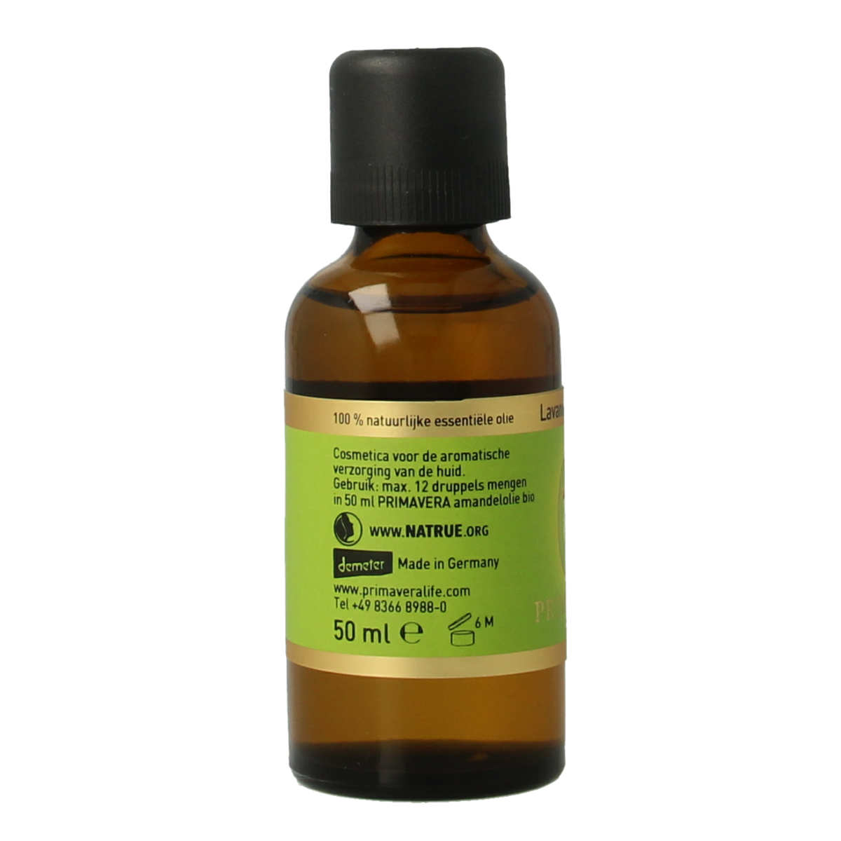 Primavera Lavandin bio essential oil in a 50ml bottle, showcasing the amber glass container and product label.