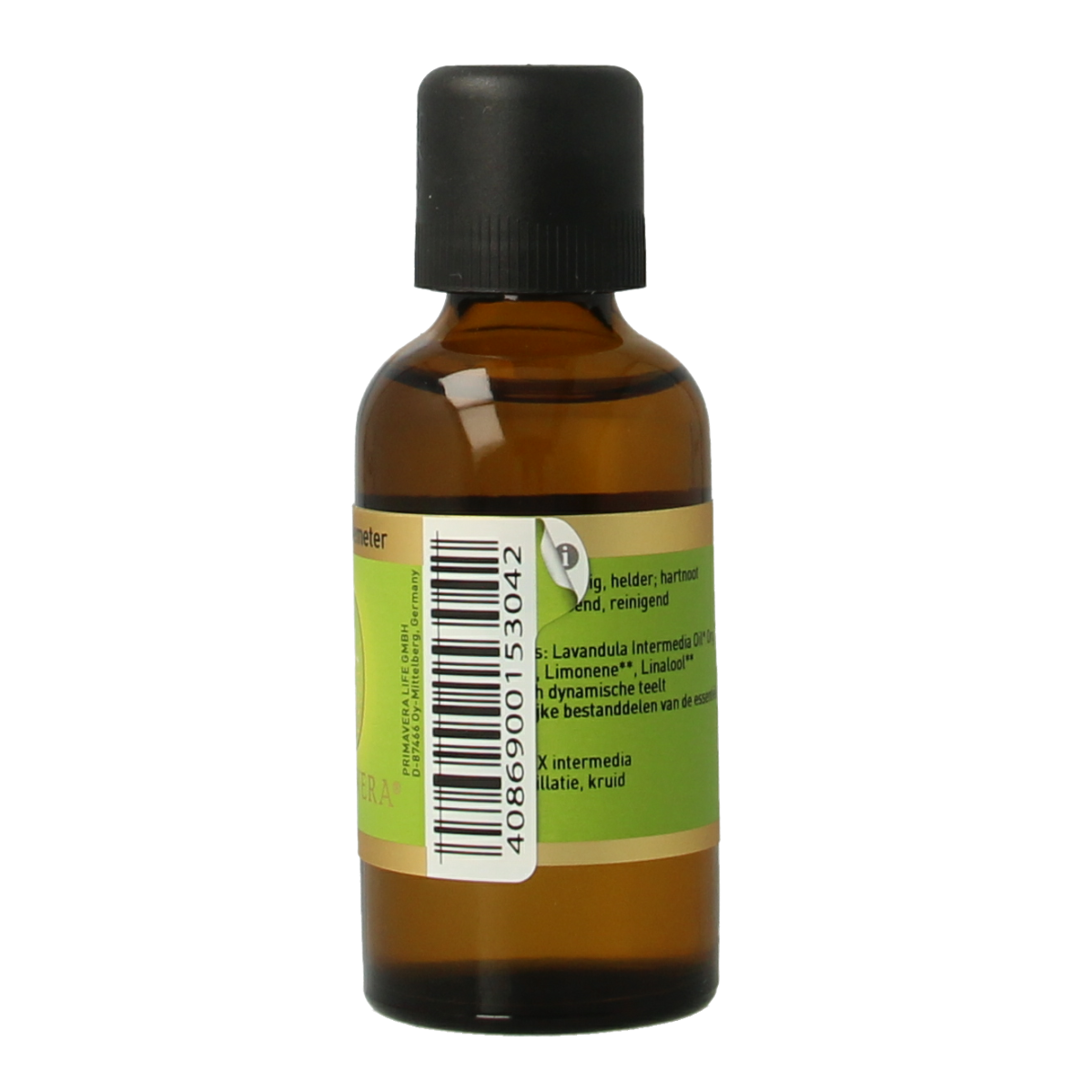Primavera bio lavandin essential oil in a 50ml bottle, with a clear label and golden cap, on a white background.