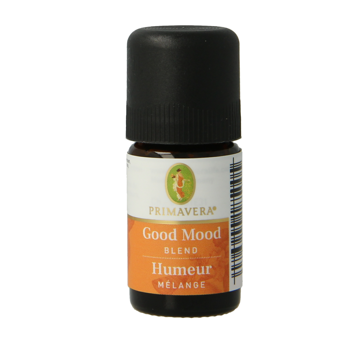 Primavera Good Mood blend essential oil bottle with 5ml capacity, featuring a clear label and amber glass container.