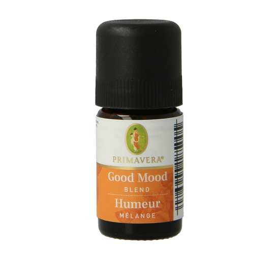 Primavera Good Mood blend essential oil bottle with 5ml capacity, featuring a clear label and amber glass container.