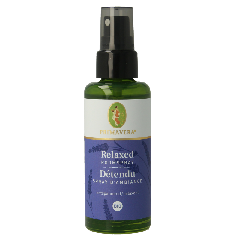 Primavera Relaxed Bio Roomspray in 50ml bottle, natural scent for home ambiance, with a modern spray dispenser.