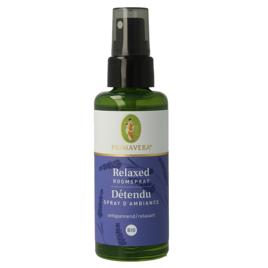 Primavera Relaxed Bio Roomspray in 50ml bottle, natural scent for home ambiance, with a modern spray dispenser.
