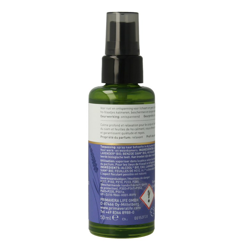 Primavera Roomspray Relaxed Bio geurverspreider bottle, 50ml, with a sleek design and natural scent for home fragrance.