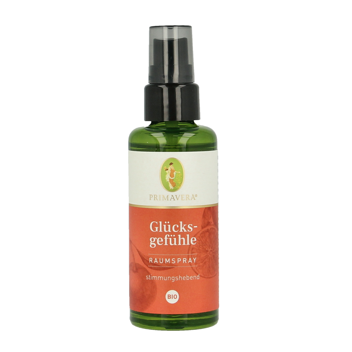 Primavera Roomspray Happiness bio geurverspreider bottle with label, 50ml, featuring a sleek design for freshening indoor spaces