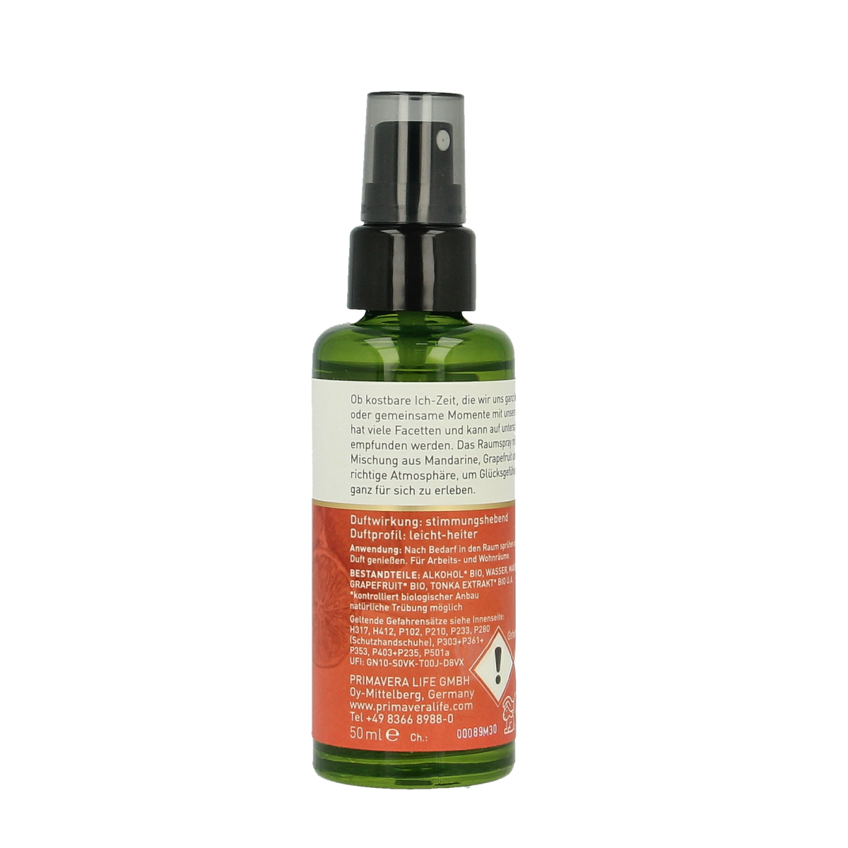 Primavera Roomspray Happiness bio geurverspreider bottle, 50ml, natural fresh scent for home fragrance.