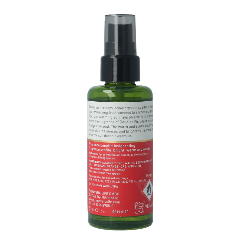 Primavera Sunny Winter Roomspray in 50ml bottle, natural scent for freshening indoor spaces, featuring bio ingredients.