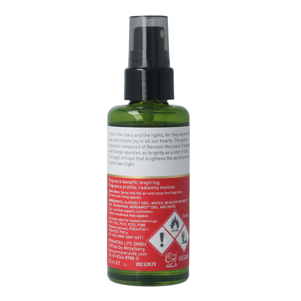 Primavera Roomspray twinkling light bio geurverspreider in 50ml bottle, fresh and natural fragrance for home ambiance.