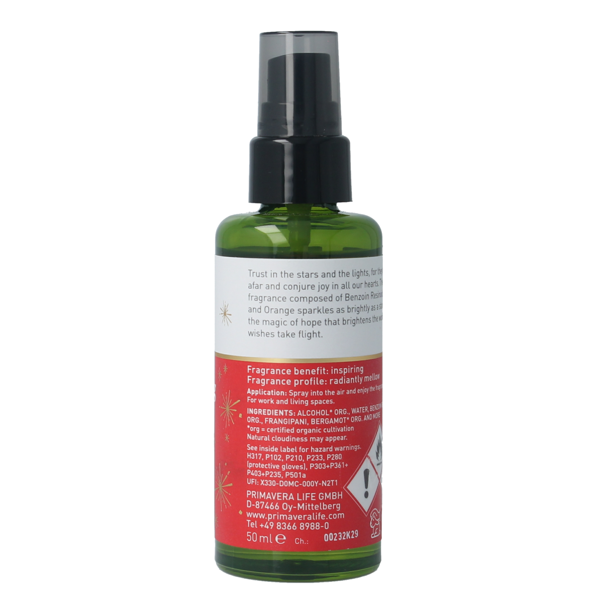 Primavera Roomspray Twinkling Light Bio geurverspreider, 50ml, natural room fragrance with elegant packaging.