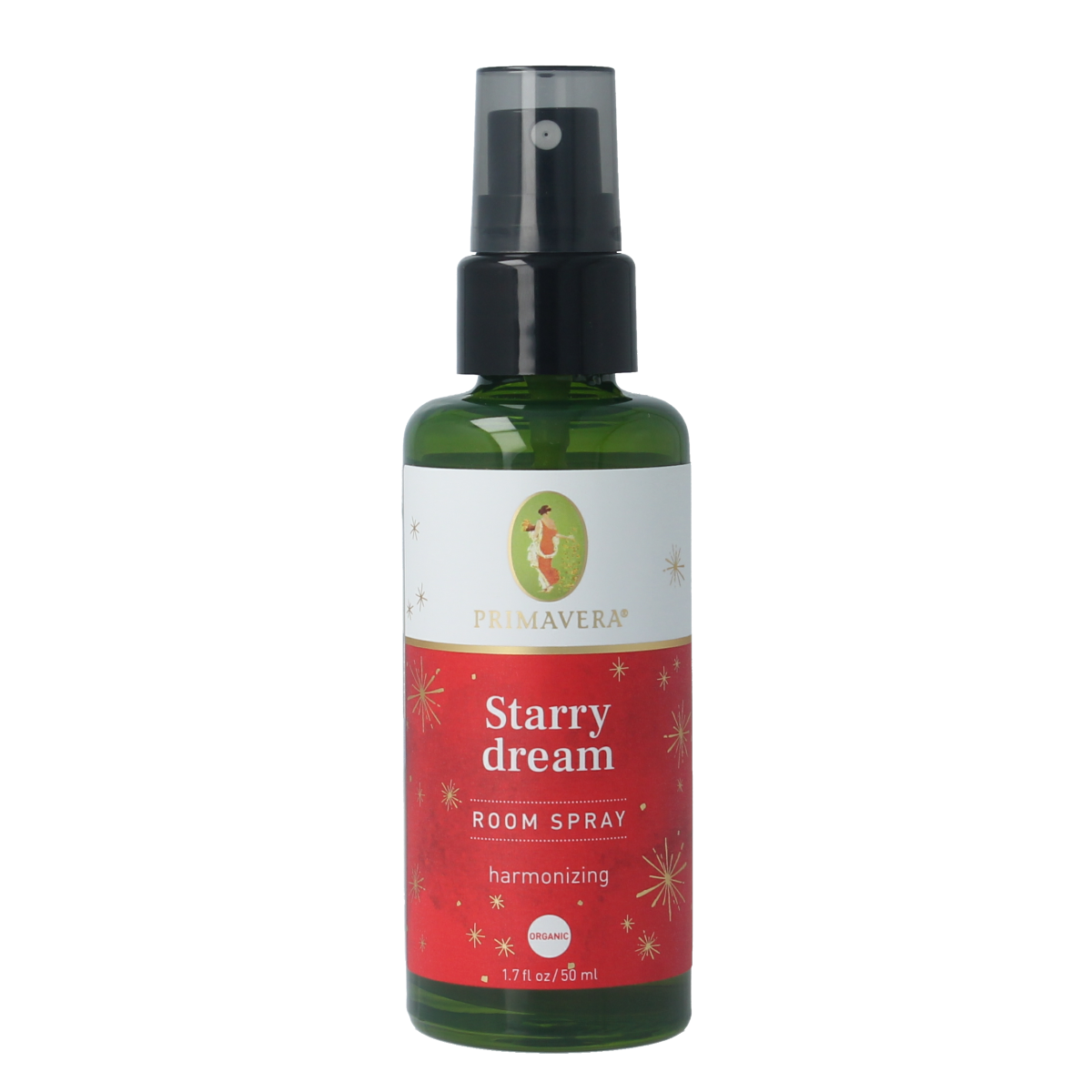 Primavera Starry Dream bio room spray bottle with 50ml capacity, decorative packaging for fragrant home ambiance.
