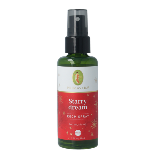 Primavera Starry Dream bio room spray bottle with 50ml capacity, decorative packaging for fragrant home ambiance.