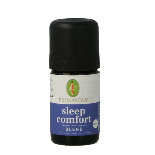 Primavera Sleep Comfort Blend bio essential oil in 5ml bottle, with amber glass and label showing product details.