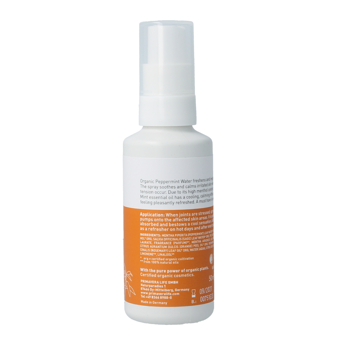 Primavera Active comfort cool sport spray 50ml bottle, skincare and joint care product with cooling effect, showing the spray applicator.