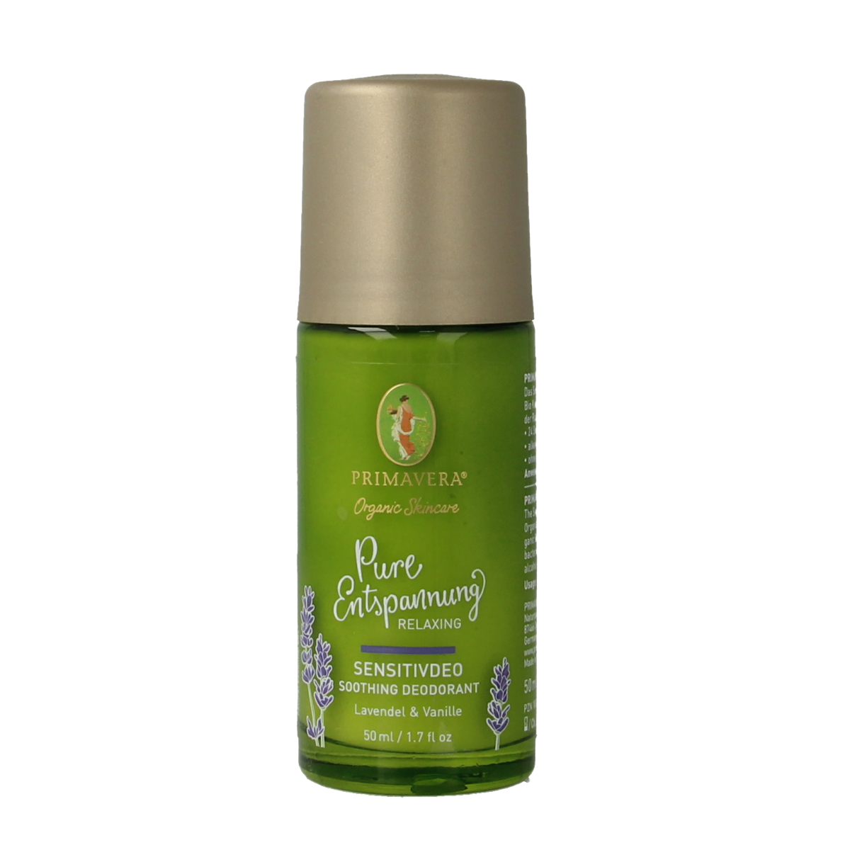 Primavera relaxing soothing deodorant in 50ml bottle, natural deodorant with calming scent, displayed with product label and packaging